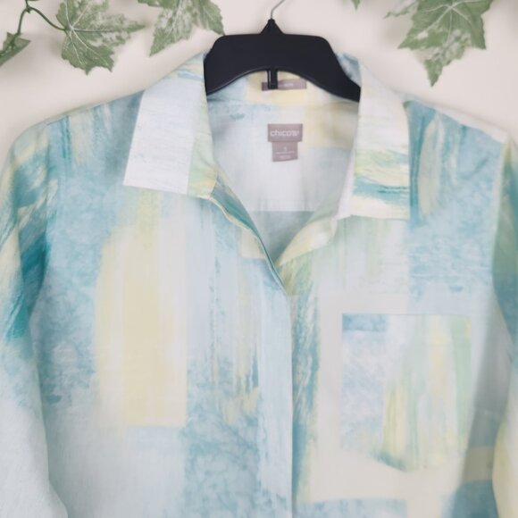 Chico's Size 3 (US 16/18) 3/4 Sleeve Green Yellow Cotton 3/4 Sleeve Top Blouse - Picture 2 of 8